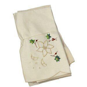 Vintage Embroidered Linen Poinsettia Holly Napkins 16 x 16 Inch Set of 2